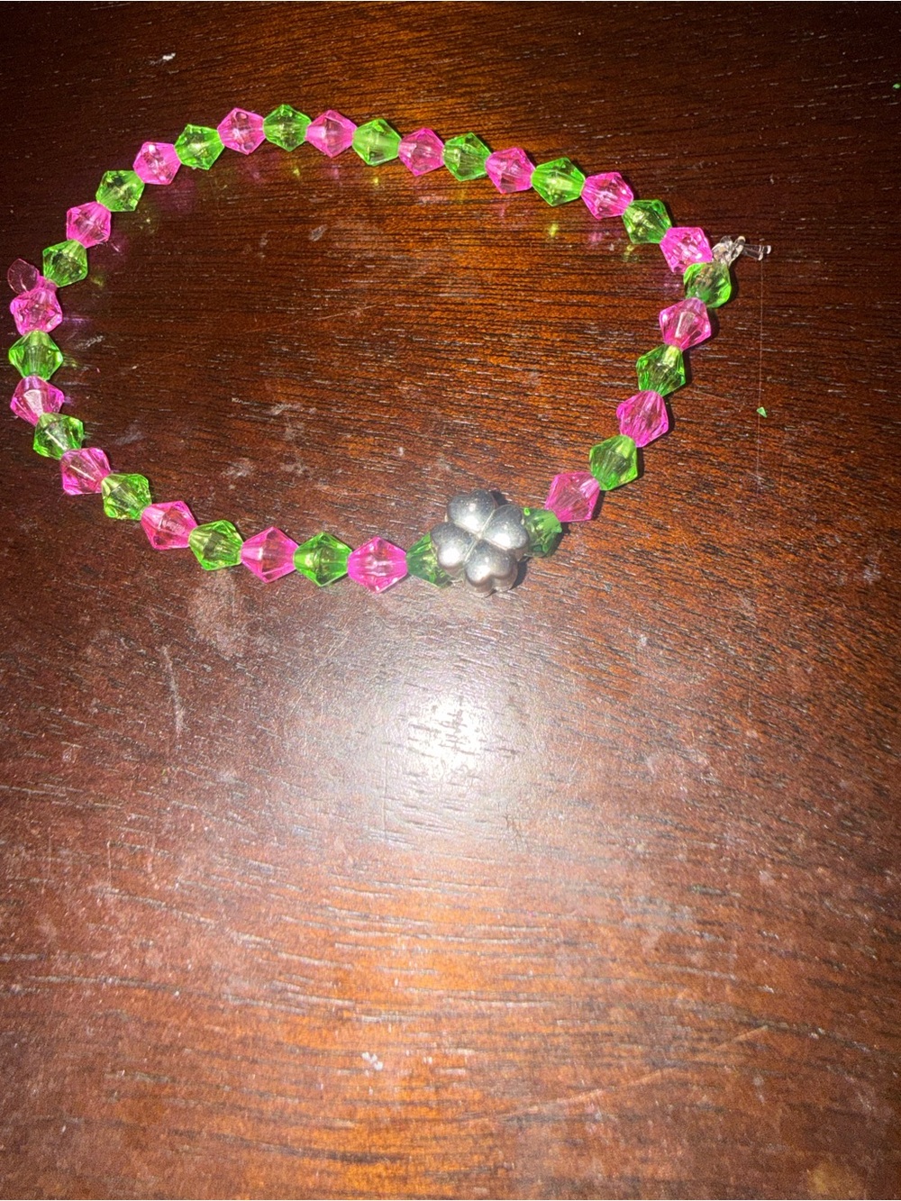 Handmade Pink & Green Beaded Bracelet with Silver Flower Accent